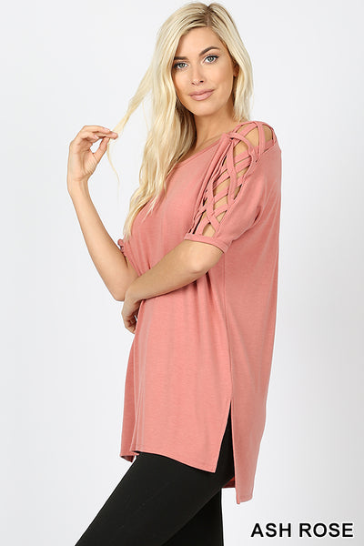 4561 1/4S Criss Cross Shoulder HiLo Hem TOP in ASH ROSE