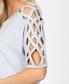 4562 1/4S Criss Cross Shoulder HiLo Hem TOP in H GREY