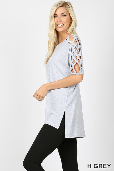 4562 1/4S Criss Cross Shoulder HiLo Hem TOP in H GREY