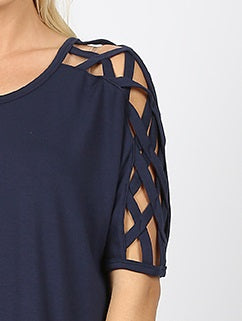 4564 1/4S Criss Cross Shoulder HiLo Hem TOP in NAVY