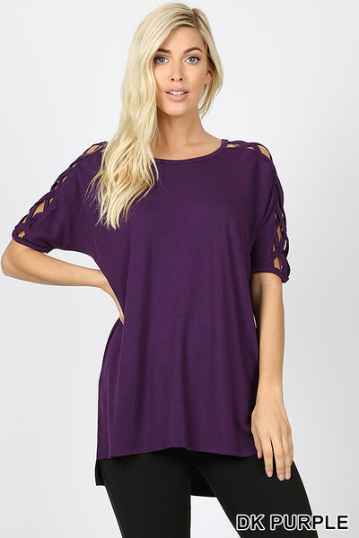 4565 1/4S Criss Cross Shoulder HiLo Hem TOP in DK PURPLE