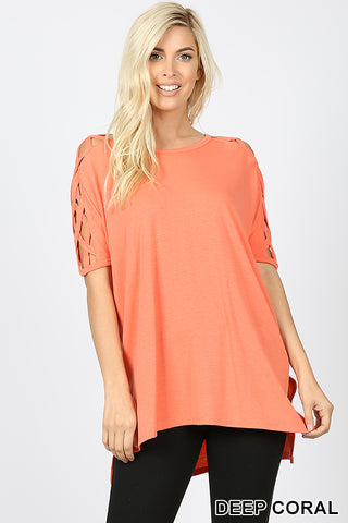 4566 1/4S Criss Cross Shoulder HiLo Hem TOP in DEEP CORAL