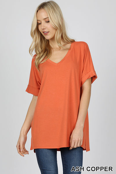 4567 1/4S Rolled V Neck HiLo Side Slit TOP in ASH COPPER