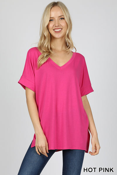 4569 1/4S Rolled V Neck HiLo Side Slit TOP in HOT PINK