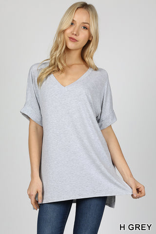 4570 1/4S Rolled V Neck HiLo Side Slit TOP in H GREY
