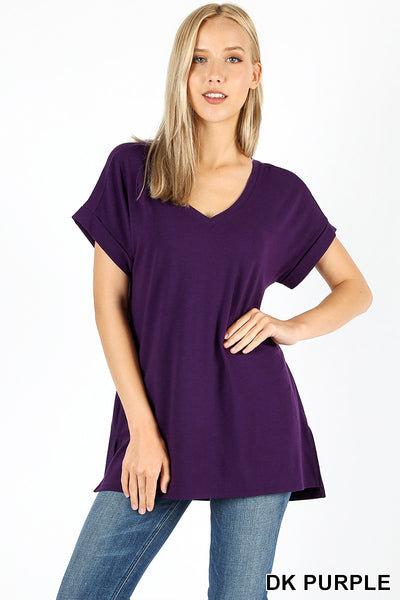 4571 1/4S Rolled V Neck HiLo Side Slit TOP in DK PURPLE