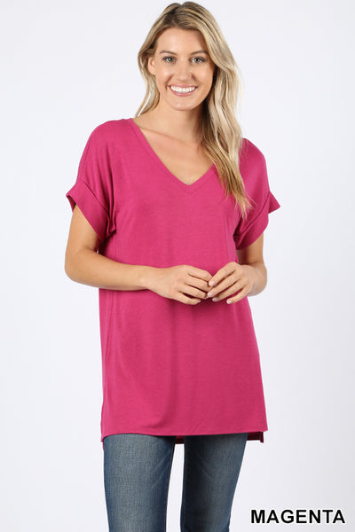 4572 1/4S Rolled V Neck HiLo Side Slit TOP in MAGENTA