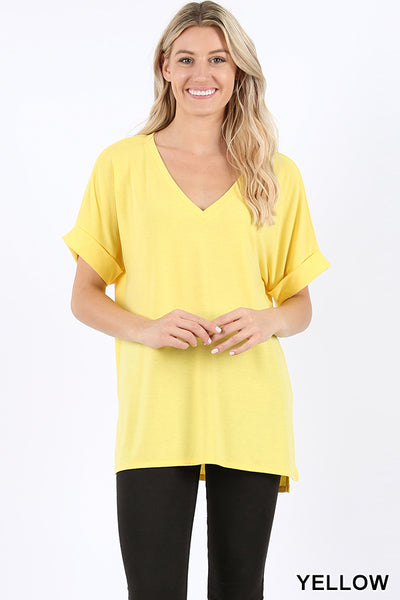 4573 1/4S Rolled V Neck HiLo Side Slit TOP in YELLOW
