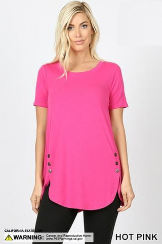 4577 1/4S Dolphin Hem w/ Side Buttons TOP in HOT PINK