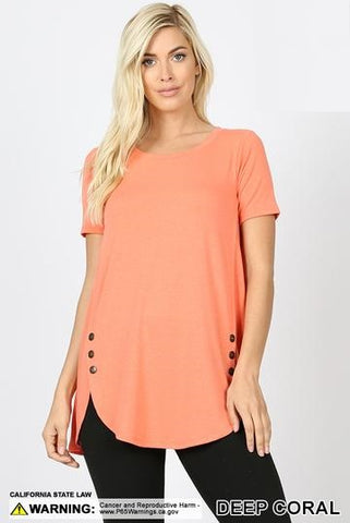 4579 1/4S Dolphin Hem w/ Side Buttons TOP in DEEP CORAL