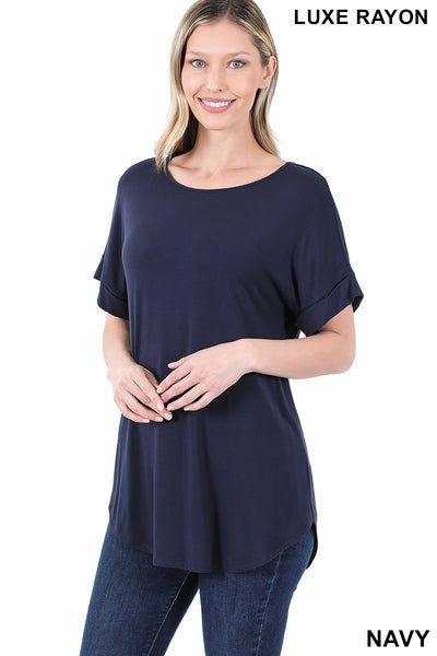4632 1/4S Cuffed B Neck Round Hem TOP in NAVY