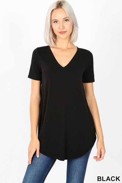 4765 1/4S V Neck Round Hem TOP in BLACK JV-H32B