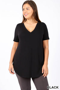 4765 1/4S V Neck Round Hem TOP in BLACK JV-H32B