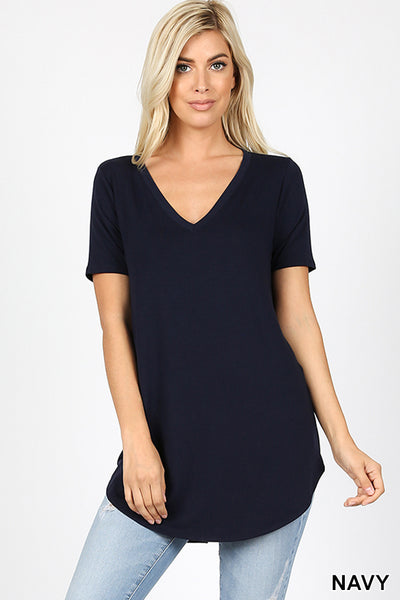 4769 1/4S V Neck Round Hem TOP in NAVY