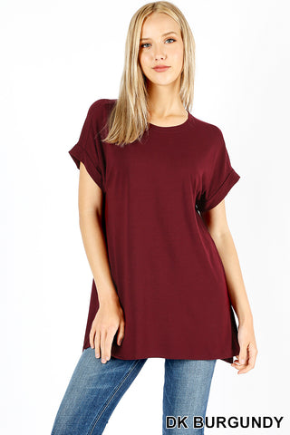 4774 1/4S Rolled R Neck HiLo Side Slit TOP in DK BURGUNDY