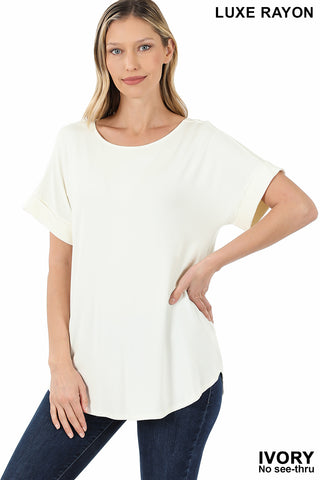 4846 1/4S Cuffed B Neck Round Hem TOP in IVORY