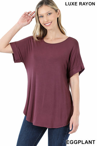 4862 1/4S Cuffed B Neck Round Hem TOP in EGGPLANT