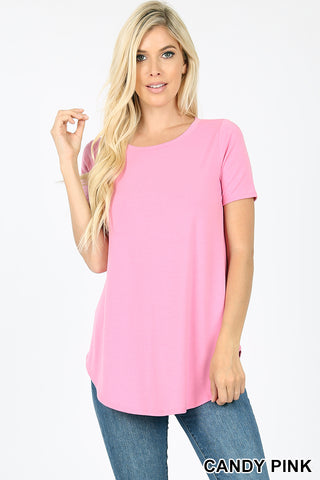 4866 1/4S Round Neck & Hem TOP in CANDY PINK