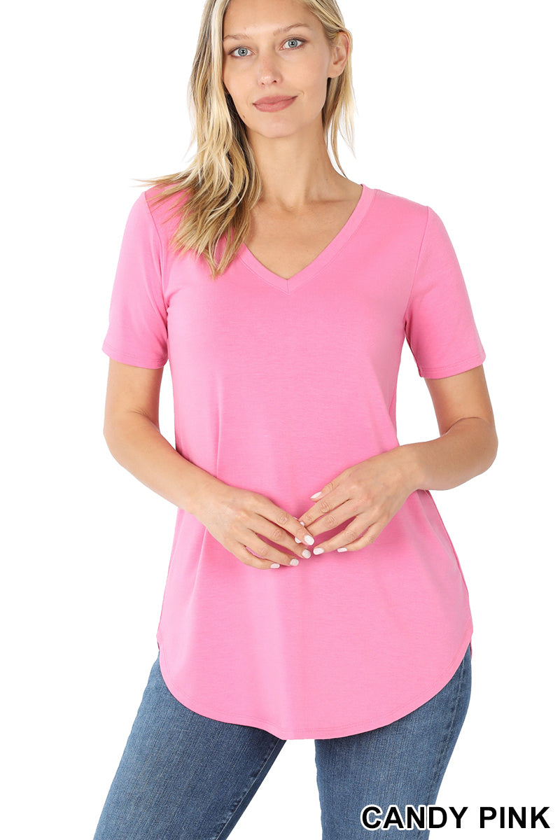 4894 1/4S V Neck Round Hem TOP in CANDY PINK