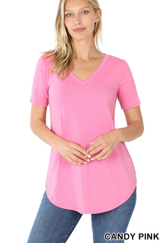 4894 1/4S V Neck Round Hem TOP in CANDY PINK