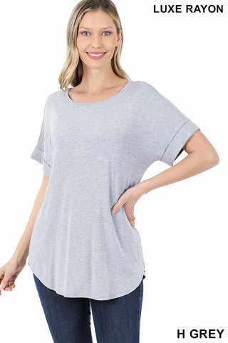 4919 1/4S Cuffed B Neck Round Hem TOP in H GREY