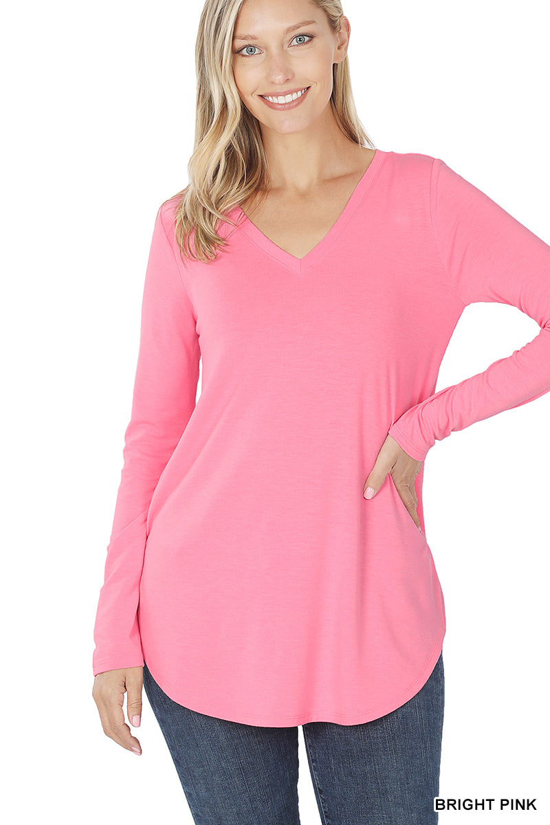 50002 4/4S V Neck Round Hem TOP in BRIGHT PINK