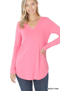50002 4/4S V Neck Round Hem TOP in BRIGHT PINK