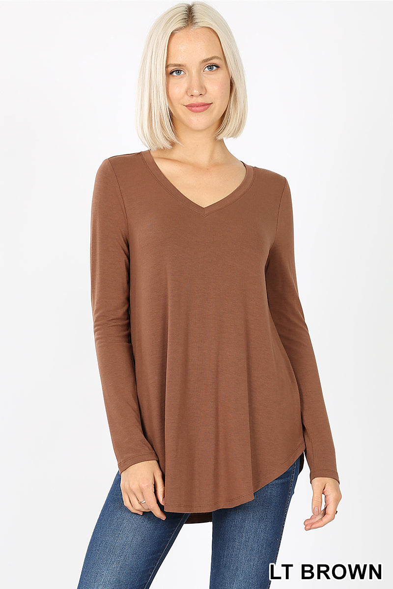 50003 4/4S V Neck Round Hem TOP in LT BROWN