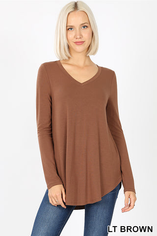 50003 4/4S V Neck Round Hem TOP in LT BROWN