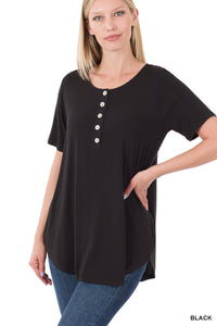 50013 1/4S Luxe Shell Button Henley TOP in BLACK JV-A43C