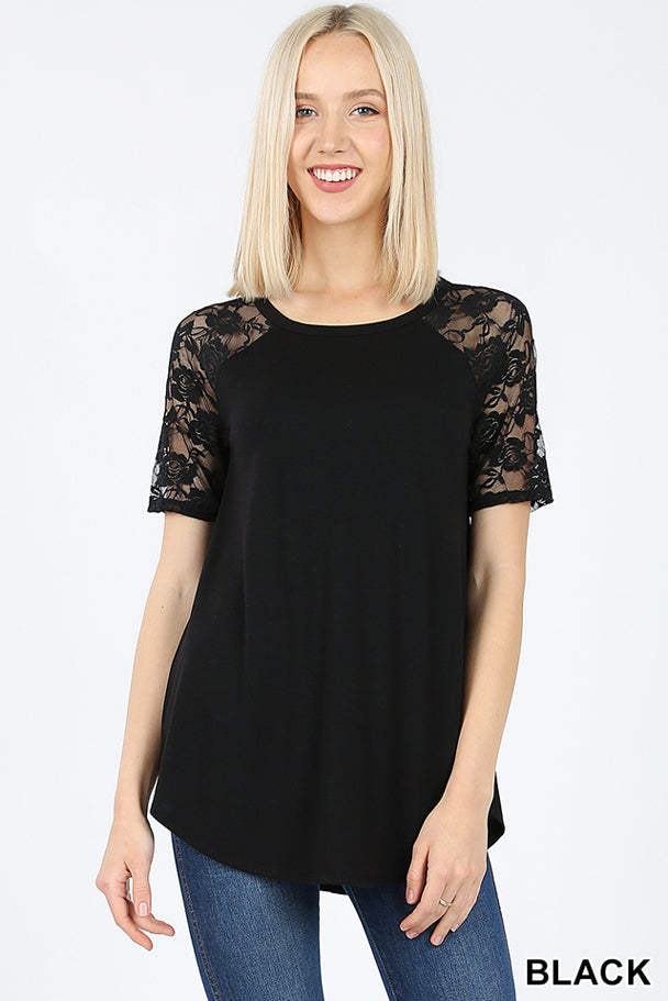 50014 1/4S Rose Lace Sleeve R Neck TOP in BLACK JV-E17C