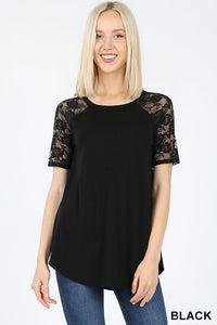 50014 1/4S Rose Lace Sleeve R Neck TOP in BLACK JV-E17C