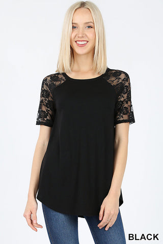 50014 1/4S Rose Lace Sleeve R Neck TOP in BLACK JV-E17C