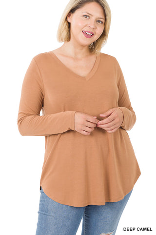 50016 4/4S V Neck Round Hem TOP in DEEP CAMEL JV-K16C