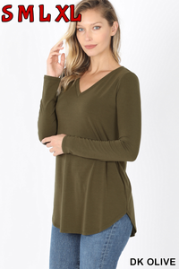50017 4/4S V Neck Round Hem TOP in DK OLIVE JV-HA22A G