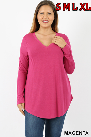 50019 4/4S V Neck Round Hem TOP in MAGENTA JV-N77C