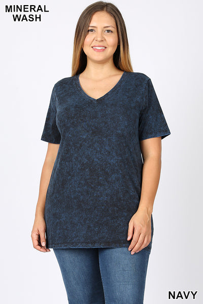 5411 1/4S Mineral Wash V Neck TOP in NAVY