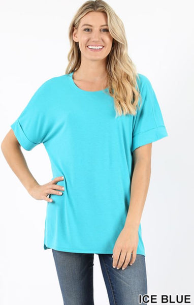5451 1/4S Rolled R Neck HiLo Side Slit TOP in ICE BLUE