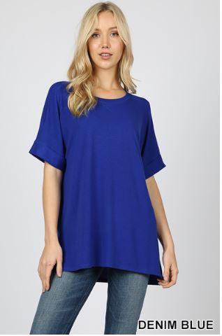 5454 1/4S Rolled R Neck HiLo Side Slit TOP in DENIM BLUE