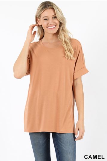 5456 1/4S Rolled R Neck HiLo Side Slit TOP in CAMEL
