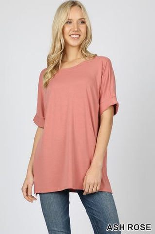 5462 1/4S Rolled R Neck HiLo Side Slit TOP in ASH ROSE