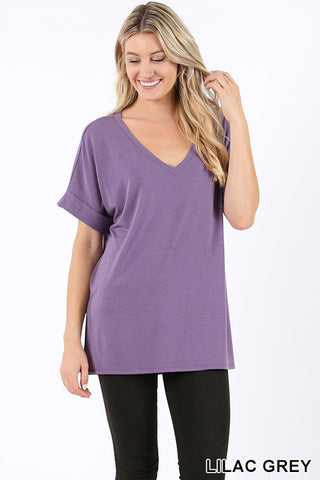 5470 1/4S Rolled V Neck HiLo Side Slit TOP in LILAC GREY