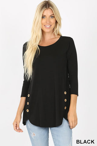 5602 3/4S Dolphin Hem w Wood Buttons TOP in BLACK JV-E42T