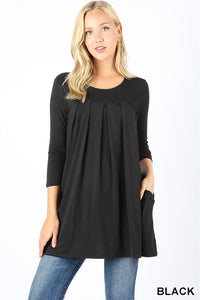 5618 3/4S R Neck Pleated TOP w PKTS in BLACK JV-KO