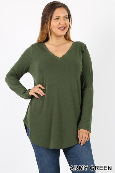 5681 4/4S V Neck Round Hem TOP in ARMY GREEN JV-B22A