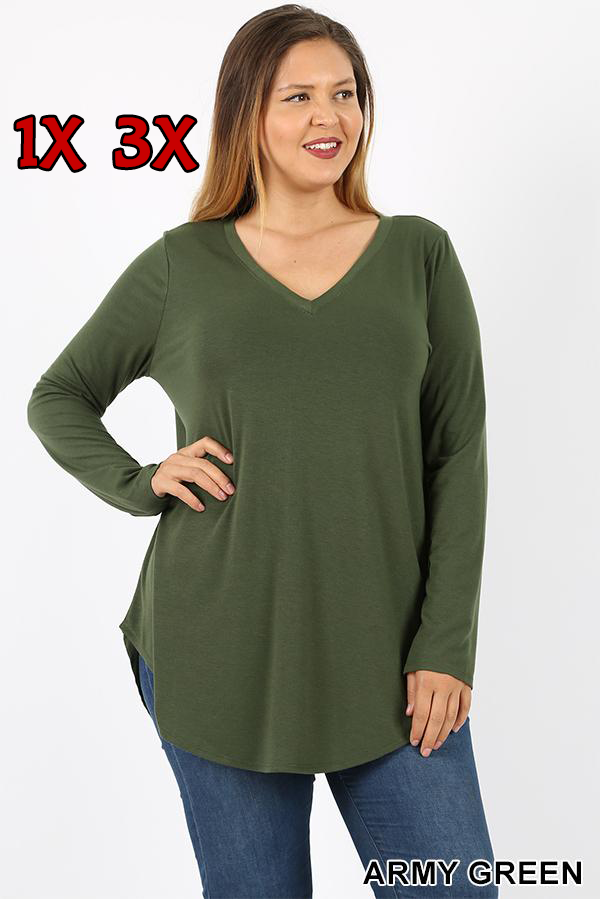 5681 4/4S V Neck Round Hem TOP in ARMY GREEN JV-B22A