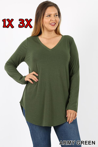 5681 4/4S V Neck Round Hem TOP in ARMY GREEN JV-B22A