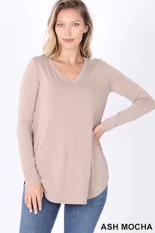 5683 4/4S V Neck Round Hem TOP in ASH MOCHA JV-L17A