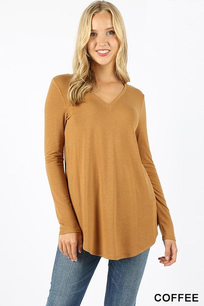 5685 4/4S V Neck Round Hem TOP in COFFEE JV-KO