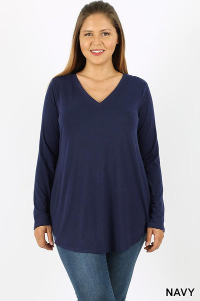 5690 4/4S V Neck Round Hem TOP in NAVY JV-L2B